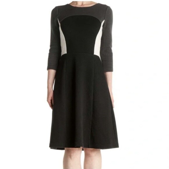 Boden Fit & Flare Colorblock Dress Size 10R 10 Black Grey Quilted Knee Length - Picture 2 of 12